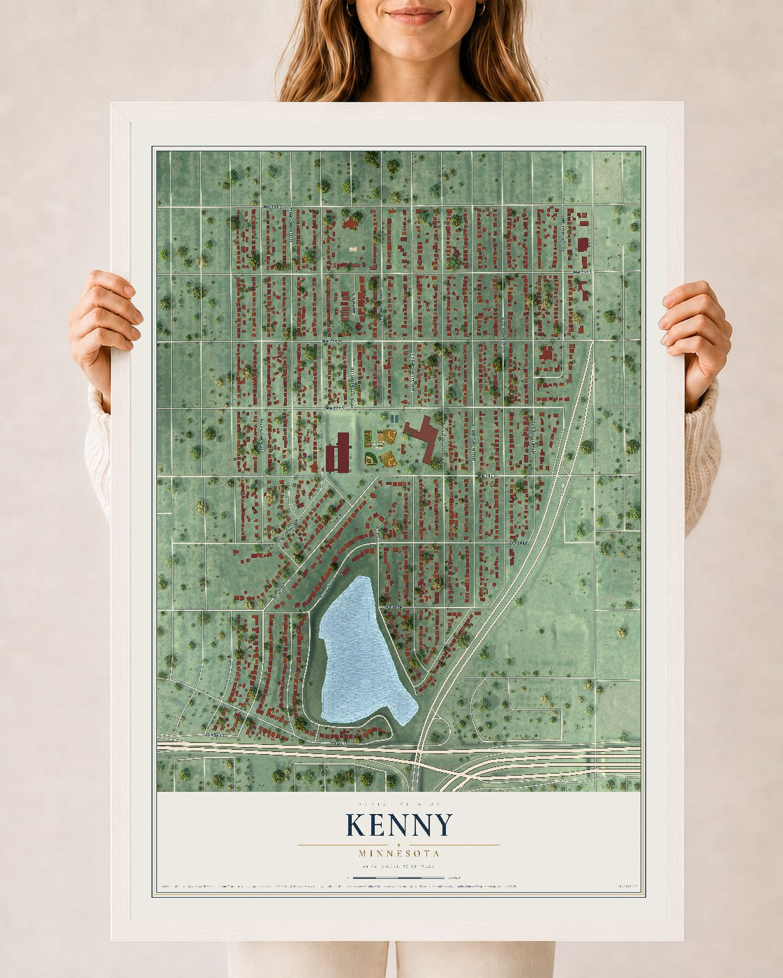 Map of Kenny, Minnesota, 24 x 36 inch print in a white wood frame