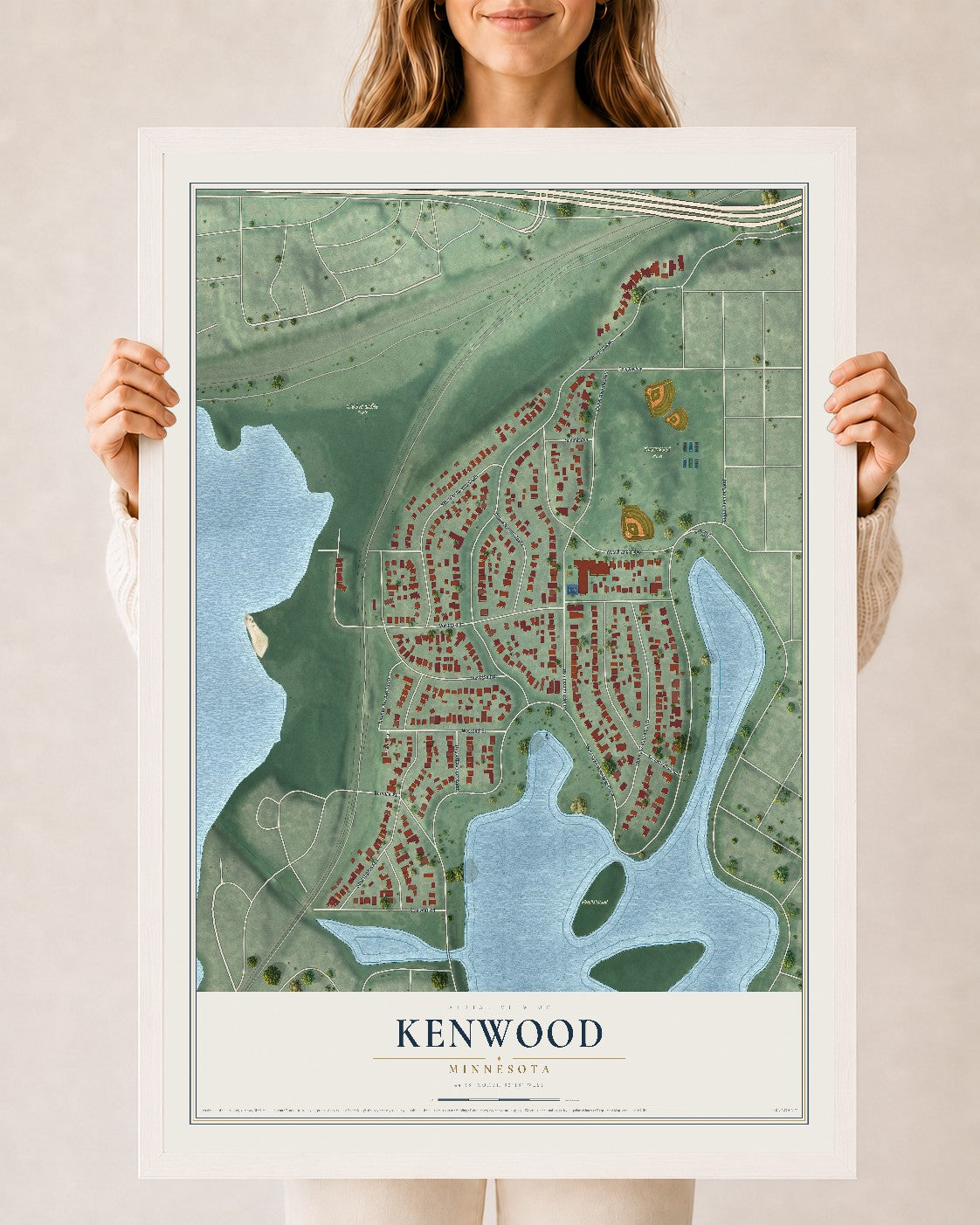 Map of Kenwood, Minnesota, 24 x 36 inch print in a white wood frame