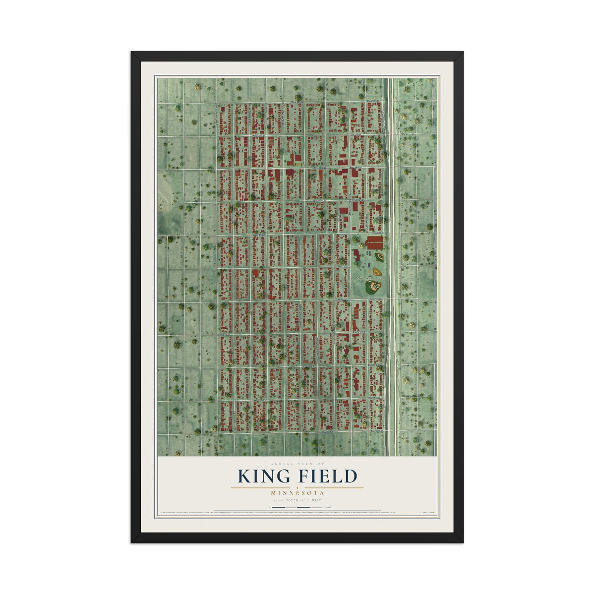 Map of King Field, Minnesota, 12 x 18 inch print in a black wood frame