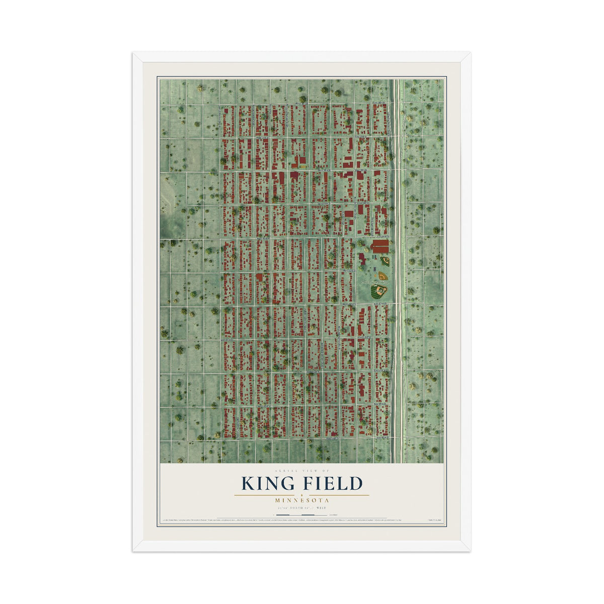 Map of King Field, Minnesota, 12 x 18 inch print in a white wood frame