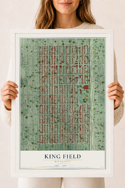 Map of King Field, Minnesota, 18 x 24 inch print in a white wood frame