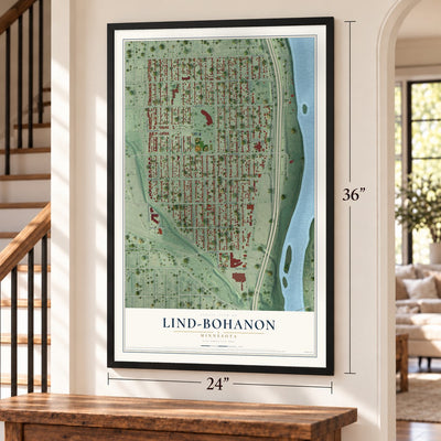 Lind-Bohanon, Minnesota map, 24 x 36 inch print in a black frame by a staircase