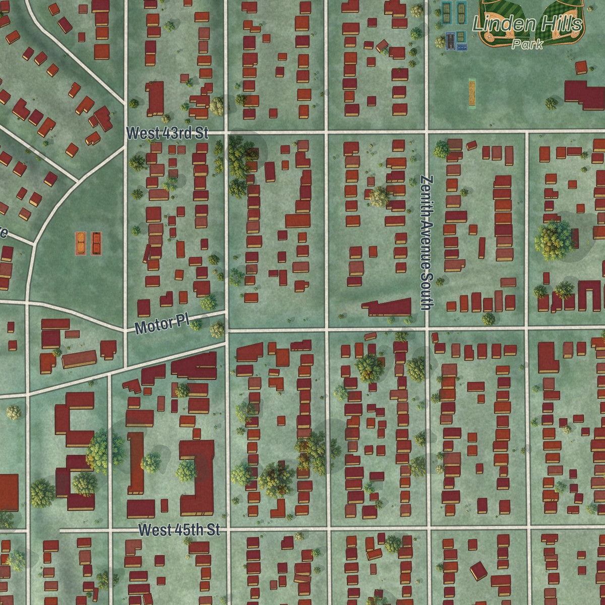 Close-up of the map of Linden Hills, Minnesota print showing street and building detail