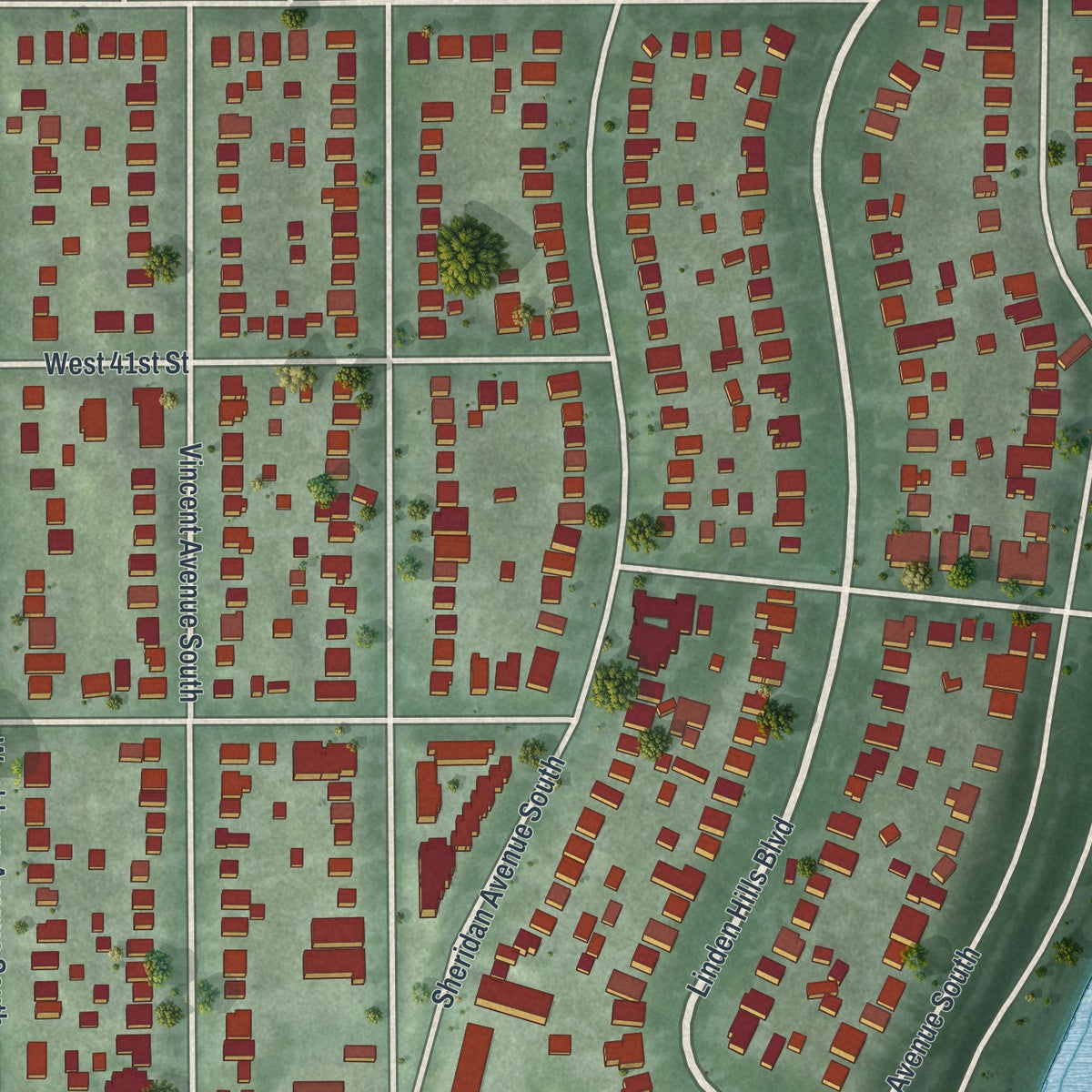 Second close-up of the map of Linden Hills, Minnesota print showing more streets and buildings