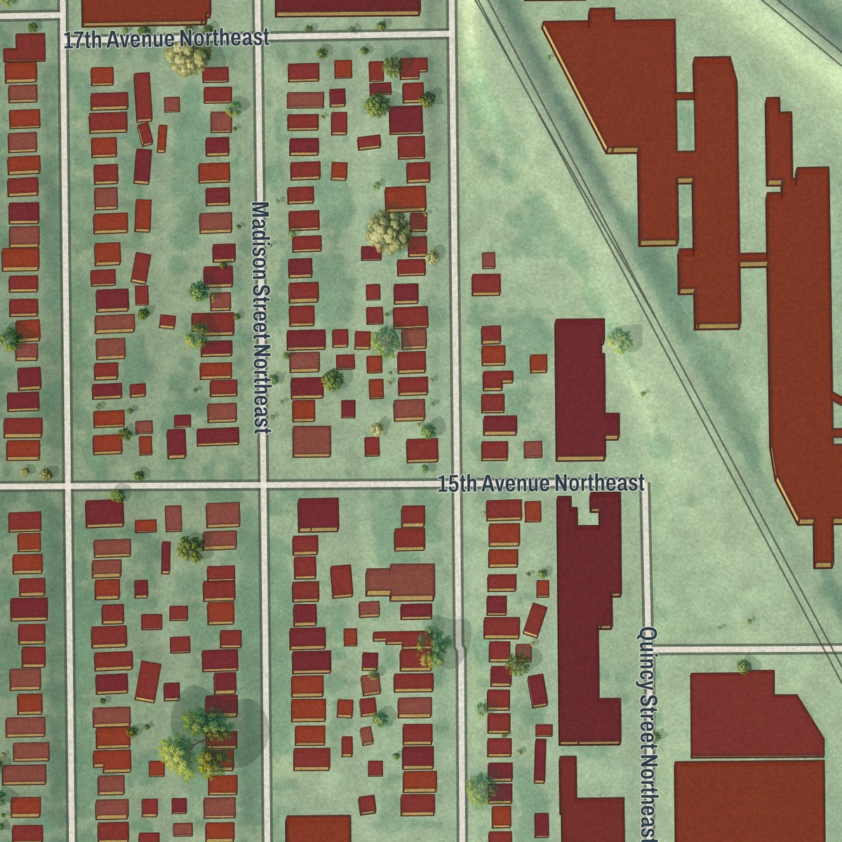 Close-up of the map of Logan Park, Minnesota print showing street and building detail