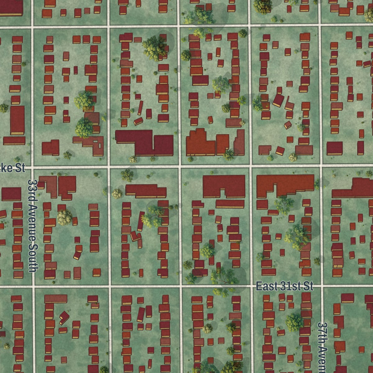 Close-up of the map of Longfellow, Minnesota print showing street and building detail