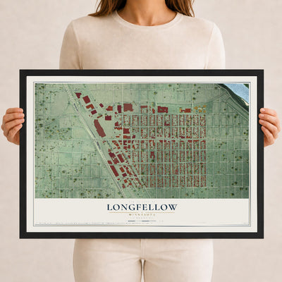 Map of Longfellow, Minnesota, 12 x 18 inch print in a black wood frame