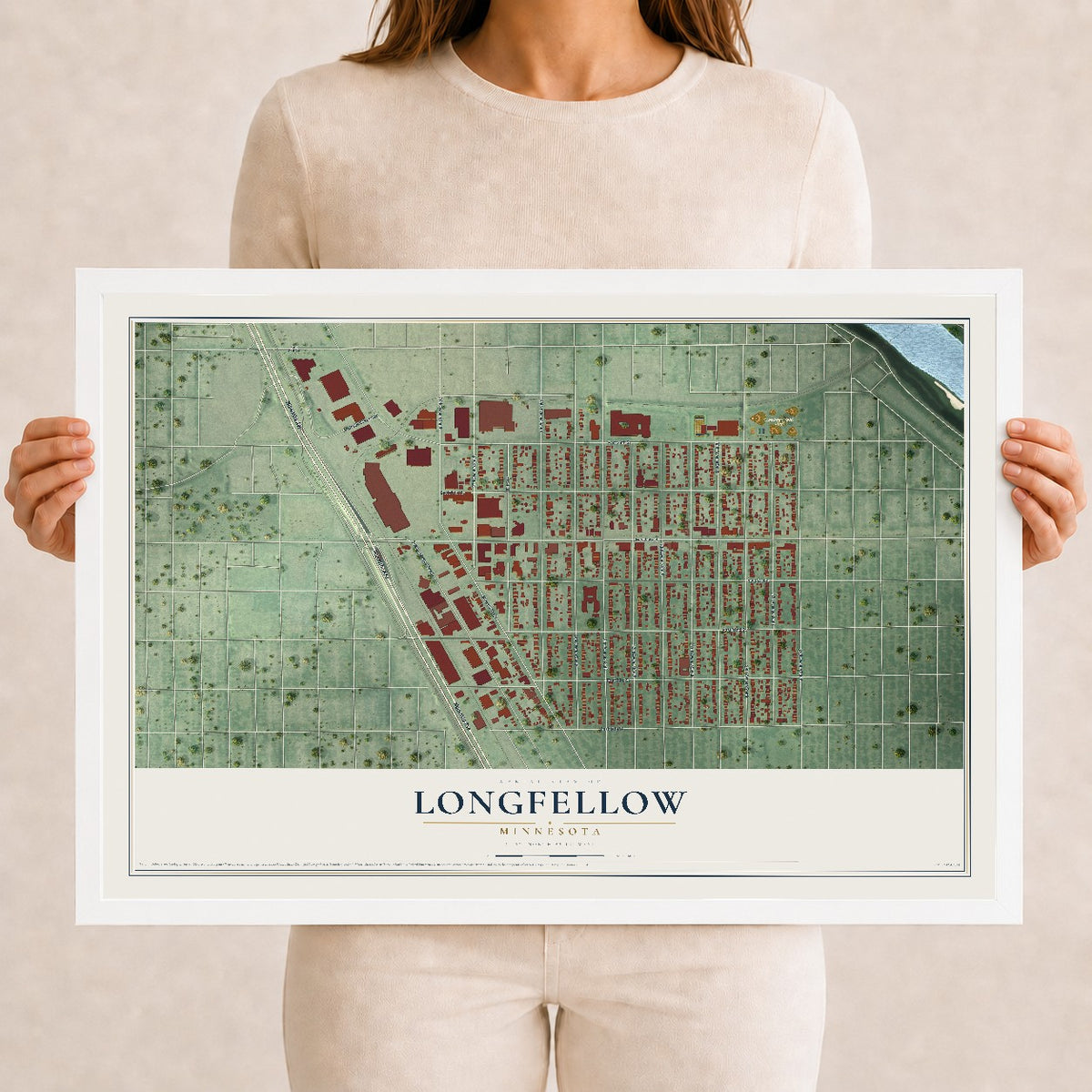 Map of Longfellow, Minnesota, 12 x 18 inch print in a white wood frame