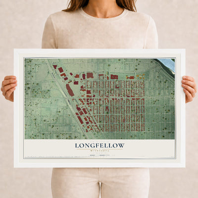 Map of Longfellow, Minnesota, 12 x 18 inch print in a white wood frame