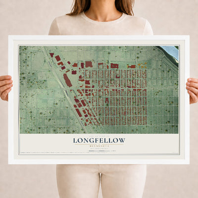 Map of Longfellow, Minnesota, 18 x 24 inch print in a white wood frame
