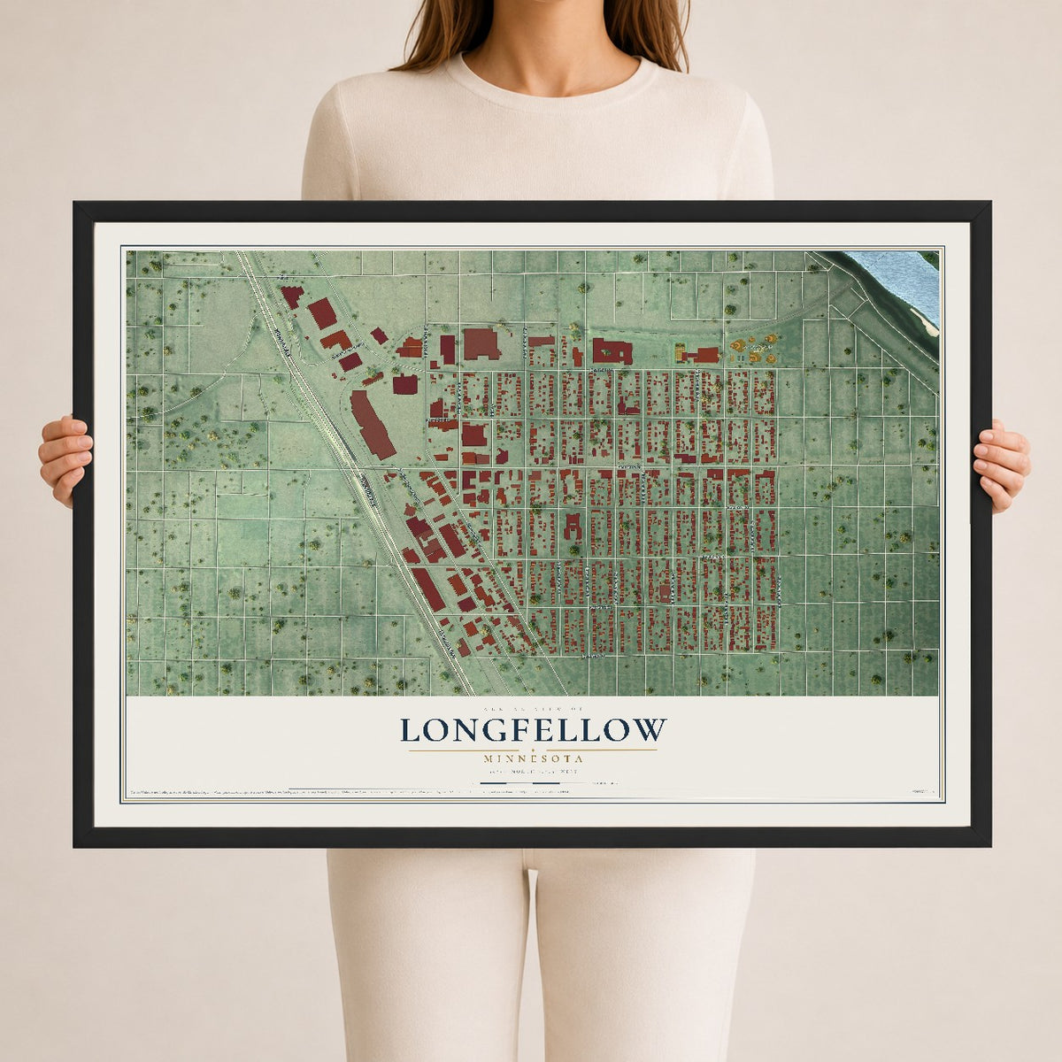 Map of Longfellow, Minnesota, 24 x 36 inch print in a black wood frame