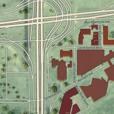 Close-up of the map of Loring Park, Minnesota print showing street and building detail