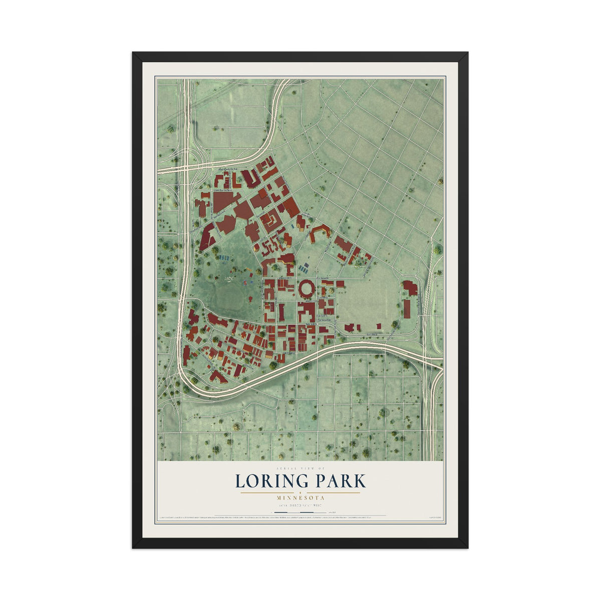 Map of Loring Park, Minnesota, 12 x 18 inch print in a black wood frame