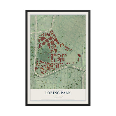 Map of Loring Park, Minnesota, 12 x 18 inch print in a black wood frame