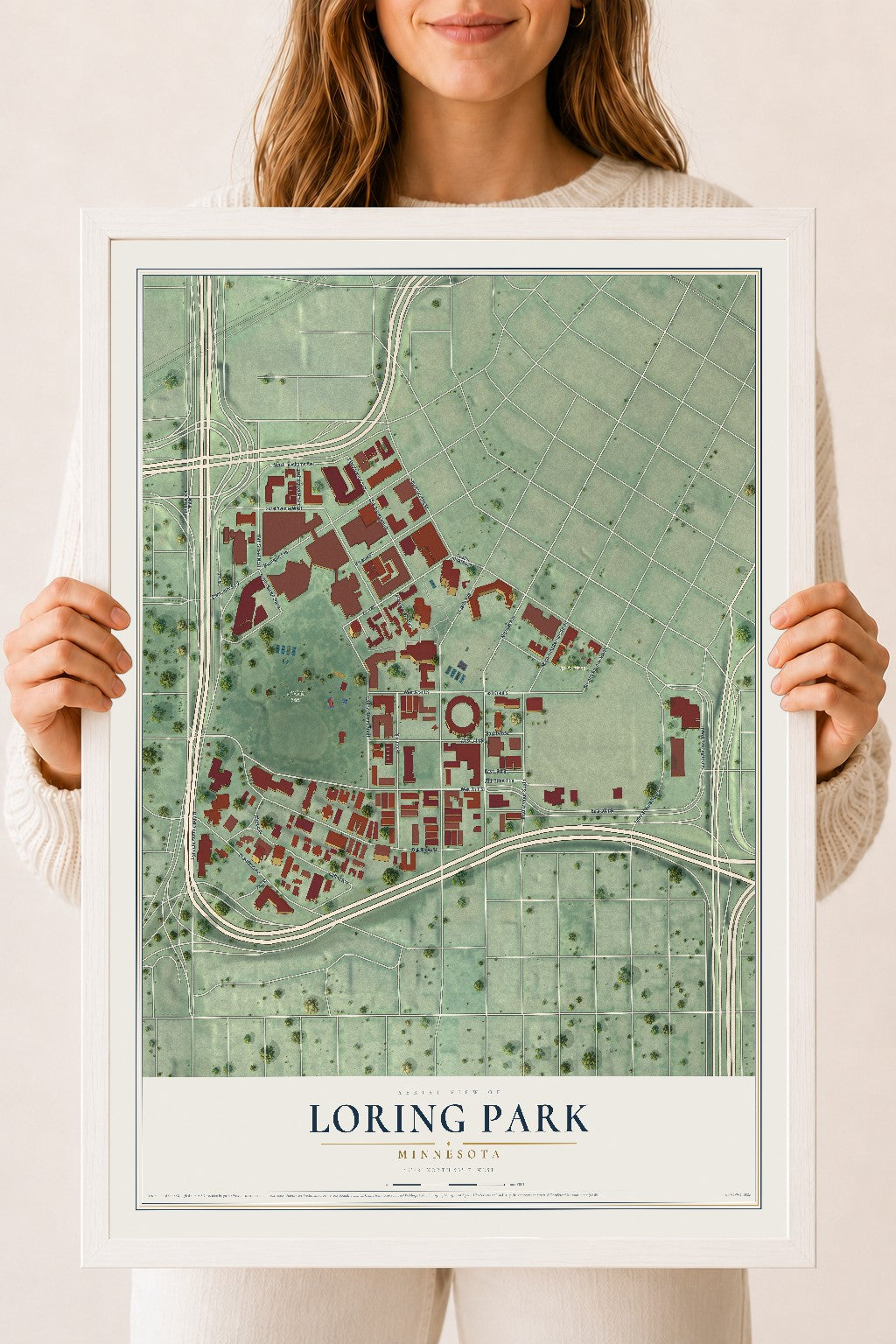 Map of Loring Park, Minnesota, 18 x 24 inch print in a white wood frame