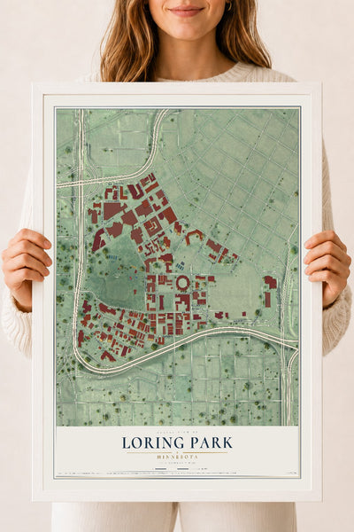 Map of Loring Park, Minnesota, 18 x 24 inch print in a white wood frame