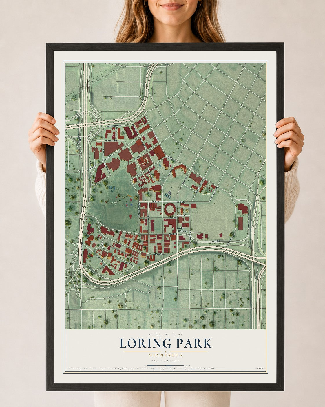 Map of Loring Park, Minnesota, 24 x 36 inch print in a black wood frame