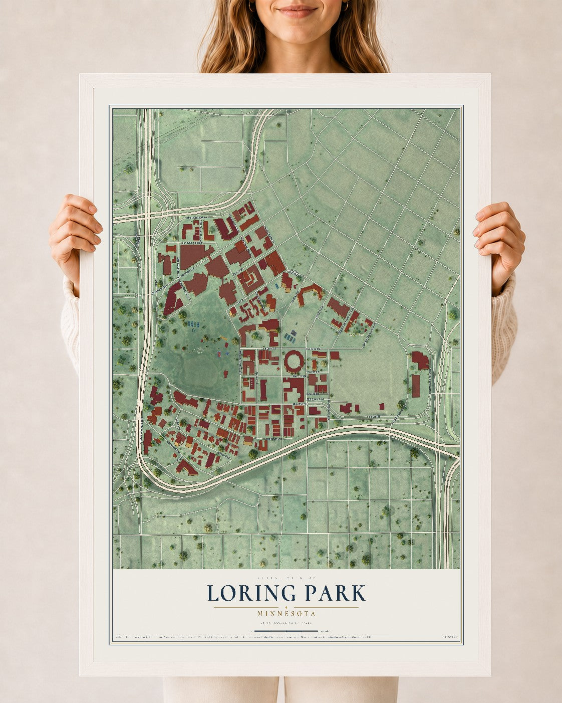 Map of Loring Park, Minnesota, 24 x 36 inch print in a white wood frame