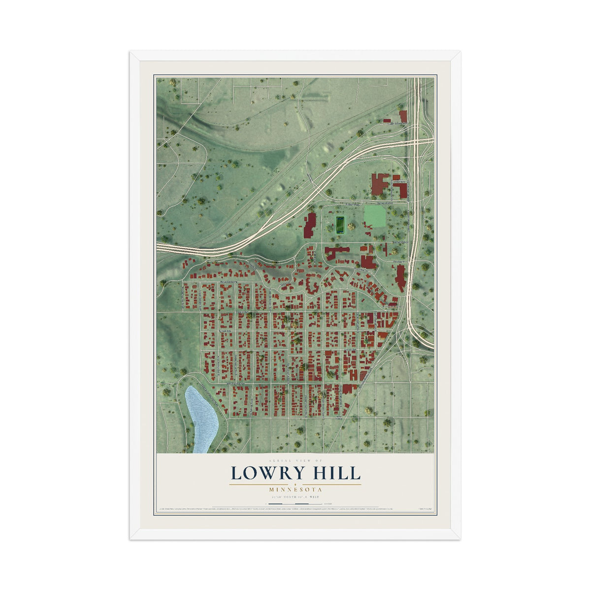 Map of Lowry Hill, Minnesota, 12 x 18 inch print in a white wood frame
