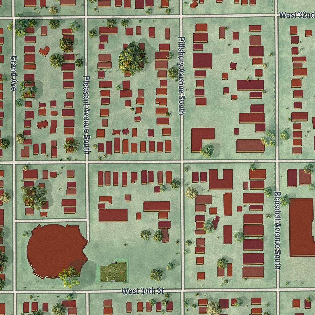 Second close-up of the map of Lyndale, Minnesota print showing more streets and buildings