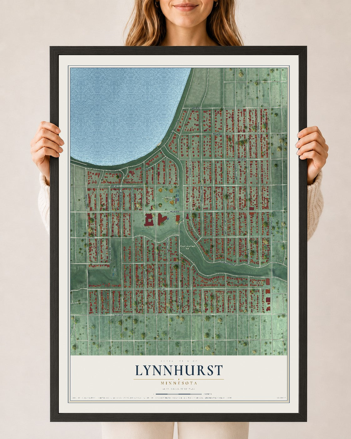 Map of Lynnhurst, Minnesota, 24 x 36 inch print in a black wood frame