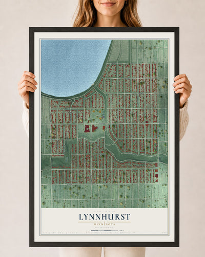 Map of Lynnhurst, Minnesota, 24 x 36 inch print in a black wood frame