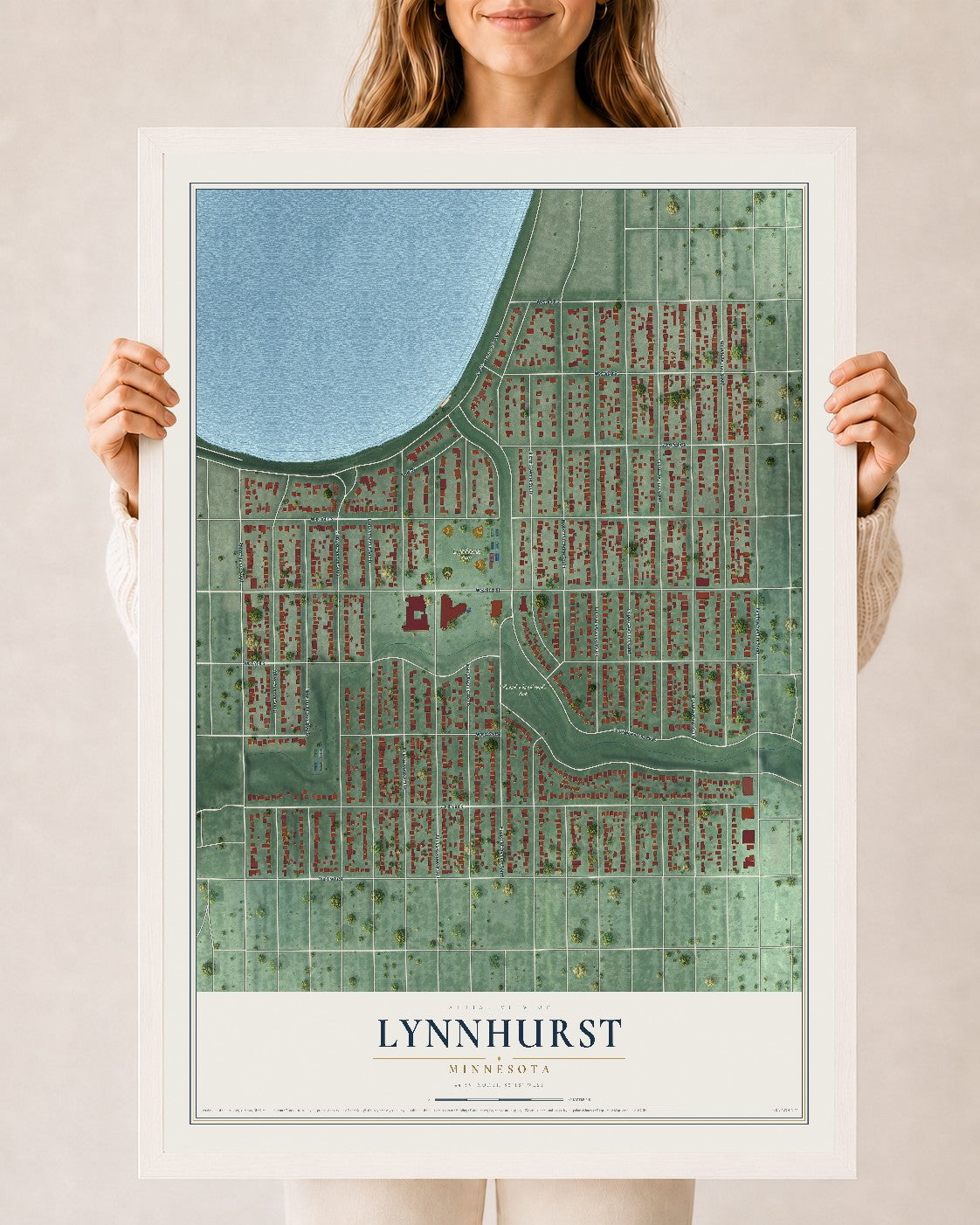Map of Lynnhurst, Minnesota, 24 x 36 inch print in a white wood frame