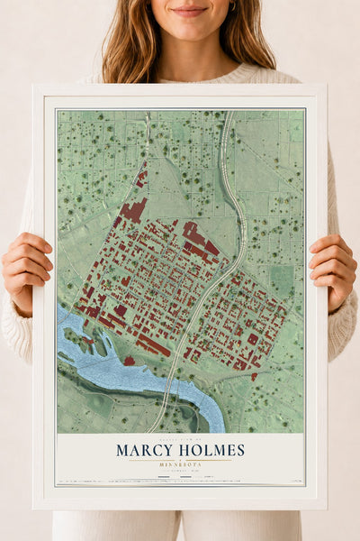 Map of Marcy Holmes, Minnesota, 18 x 24 inch print in a white wood frame