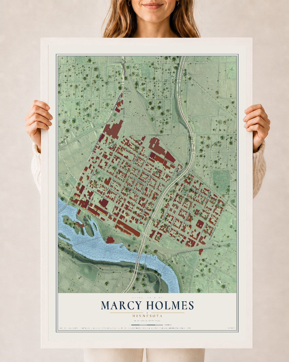 Map of Marcy Holmes, Minnesota, 24 x 36 inch print in a white wood frame