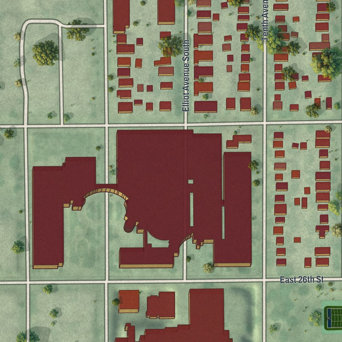 Second close-up of the map of Midtown Phillips, Minnesota print showing more streets and buildings