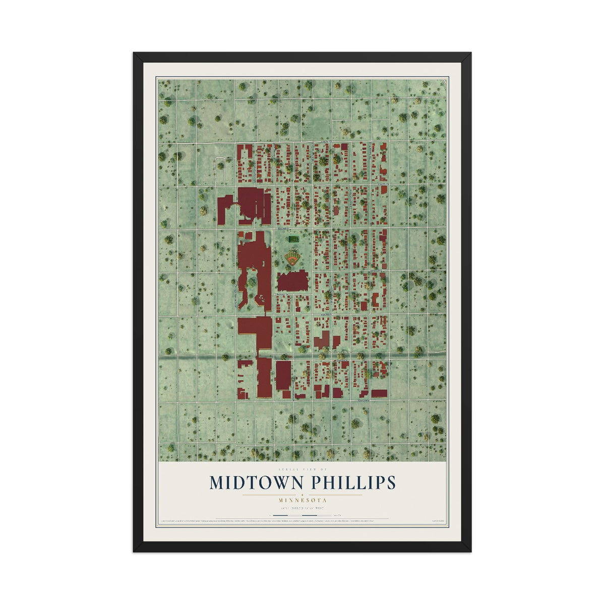 Map of Midtown Phillips, Minnesota, 12 x 18 inch print in a black wood frame
