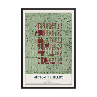 Map of Midtown Phillips, Minnesota, 12 x 18 inch print in a black wood frame