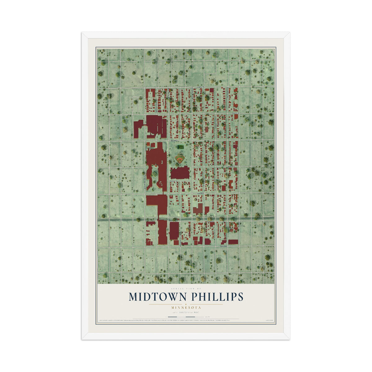 Map of Midtown Phillips, Minnesota, 12 x 18 inch print in a white wood frame