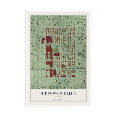 Map of Midtown Phillips, Minnesota, 12 x 18 inch print in a white wood frame