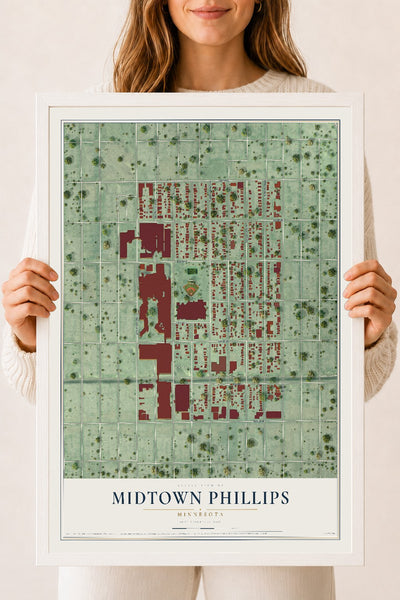 Map of Midtown Phillips, Minnesota, 18 x 24 inch print in a white wood frame