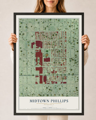 Map of Midtown Phillips, Minnesota, 24 x 36 inch print in a black wood frame