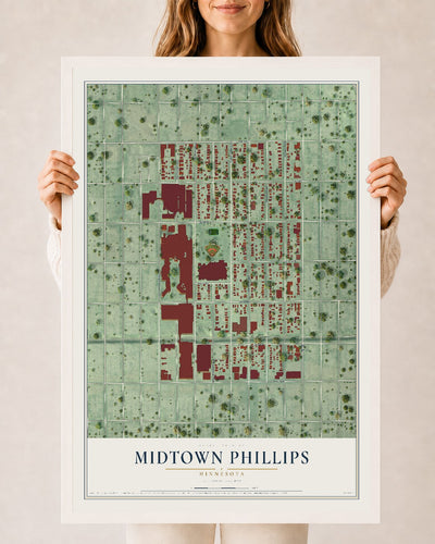 Map of Midtown Phillips, Minnesota, 24 x 36 inch print in a white wood frame