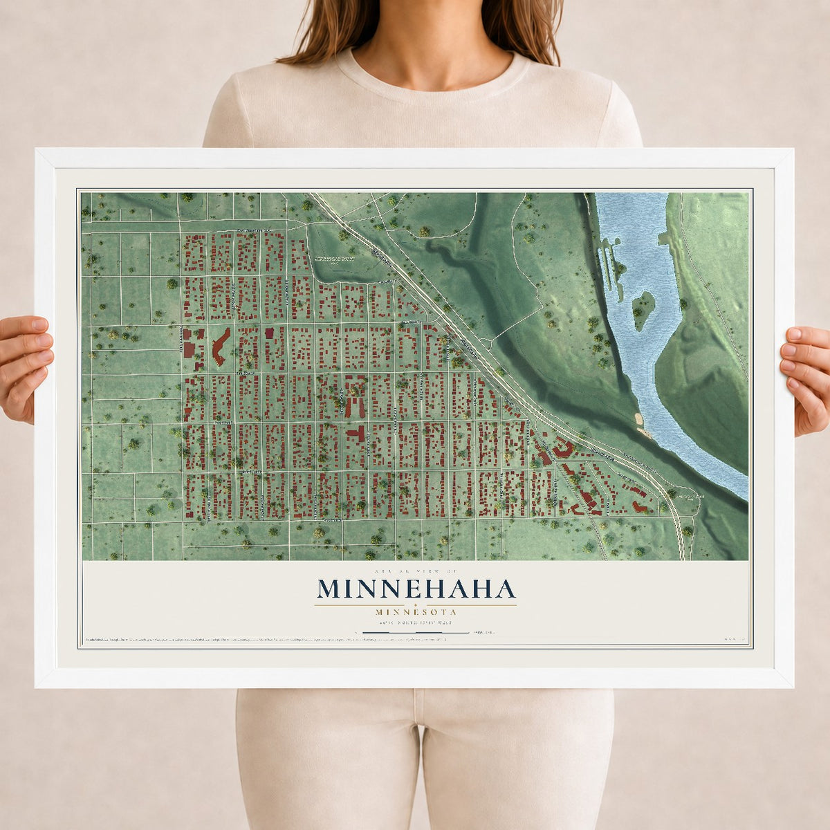 Map of Minnehaha, Minnesota, 18 x 24 inch print in a white wood frame