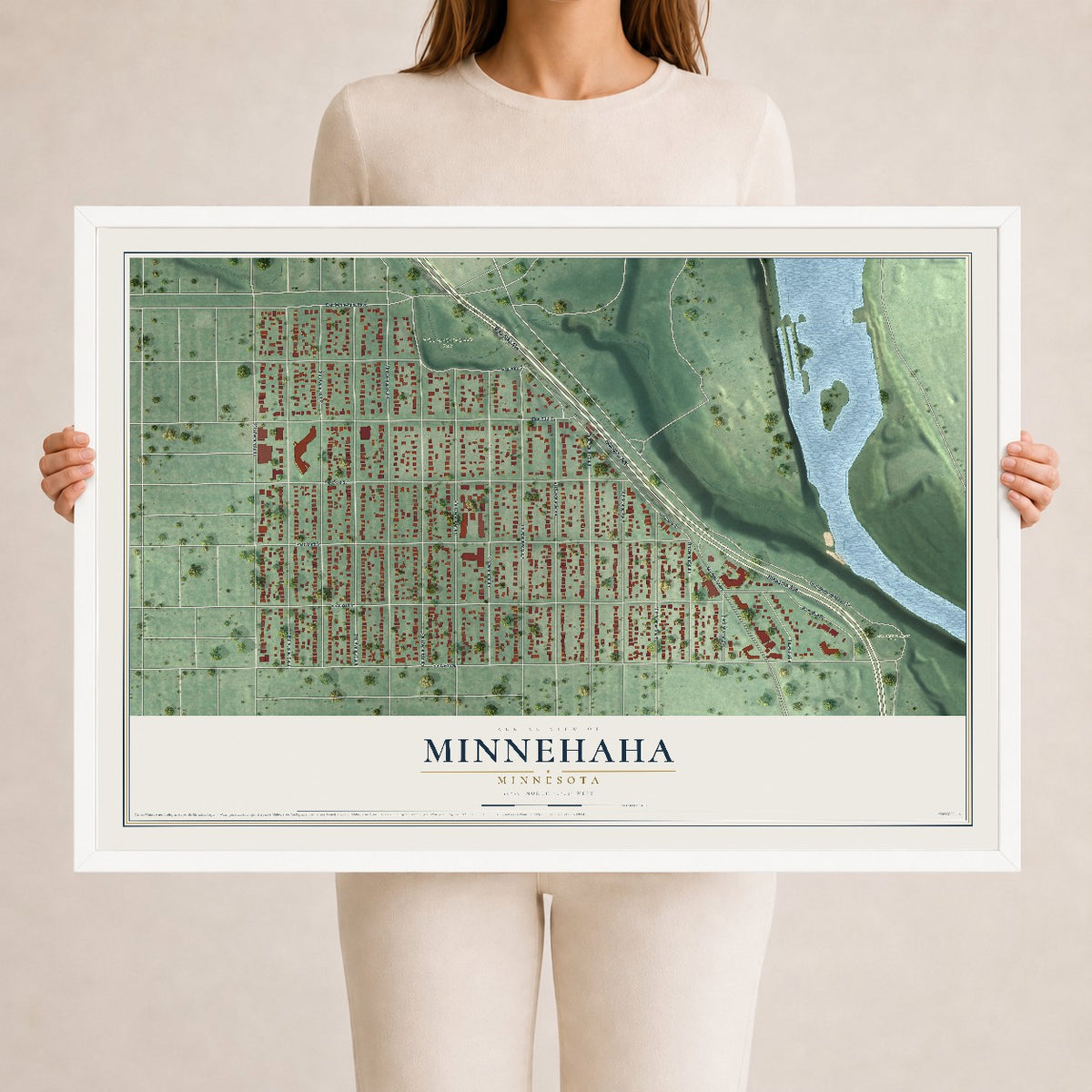 Map of Minnehaha, Minnesota, 24 x 36 inch print in a white wood frame