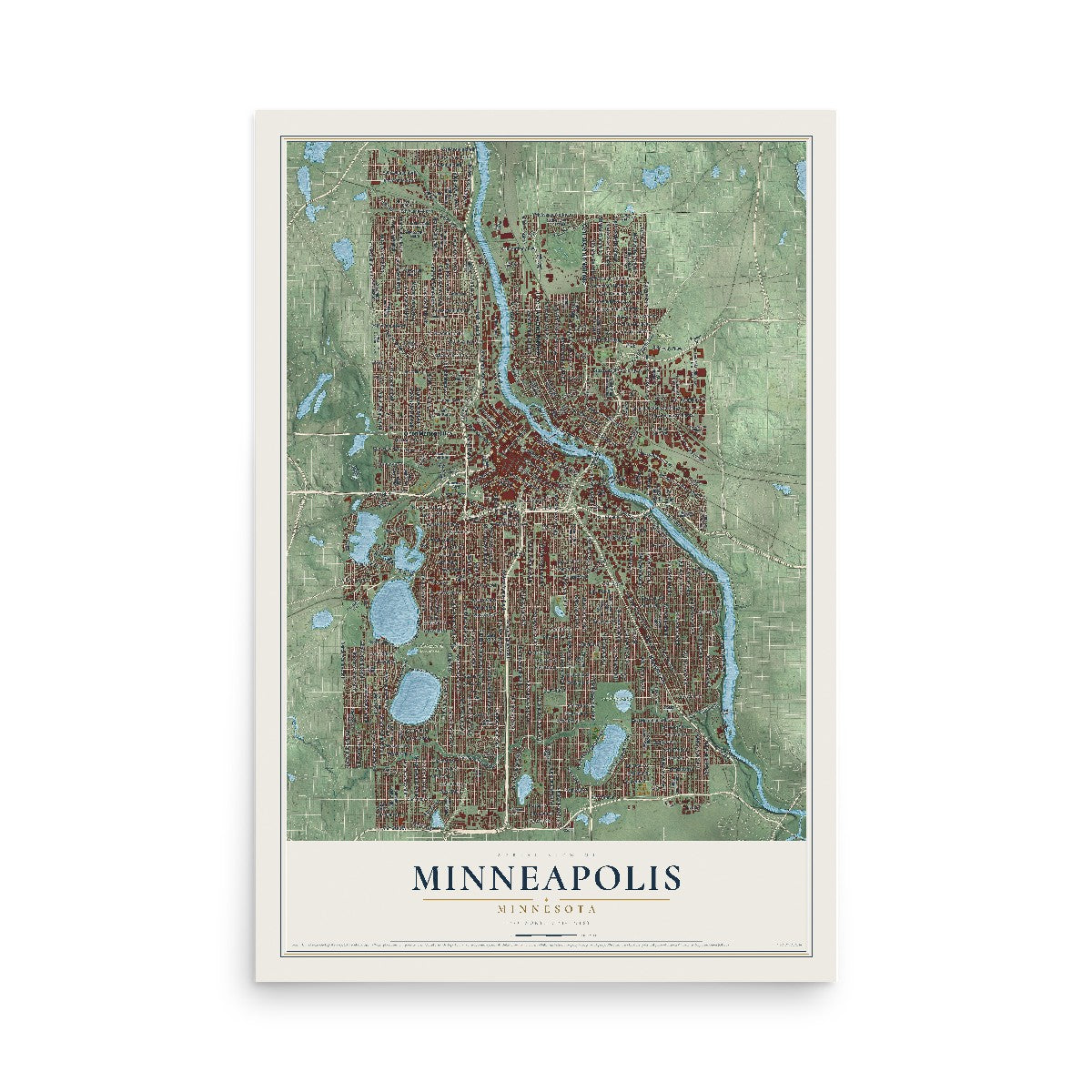 Map of Minneapolis, Minnesota, 12 x 18 inch unframed archival matte print
