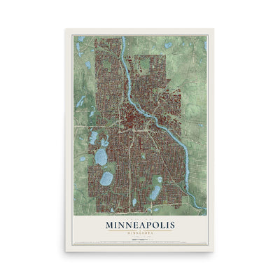 Map of Minneapolis, Minnesota, 12 x 18 inch unframed archival matte print