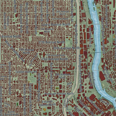 Close-up of the map of Minneapolis, Minnesota print showing street and building detail
