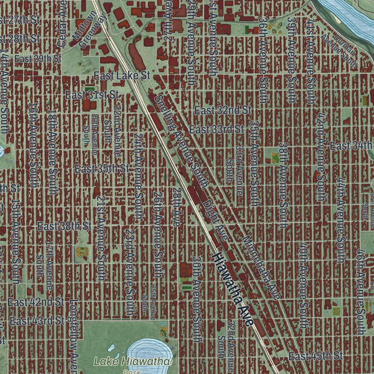 Second close-up of the map of Minneapolis, Minnesota print showing more streets and buildings