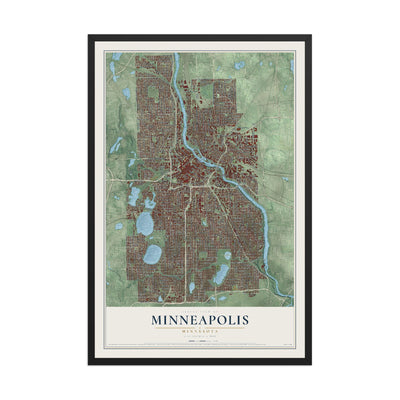 Map of Minneapolis, Minnesota, 12 x 18 inch print in a black wood frame