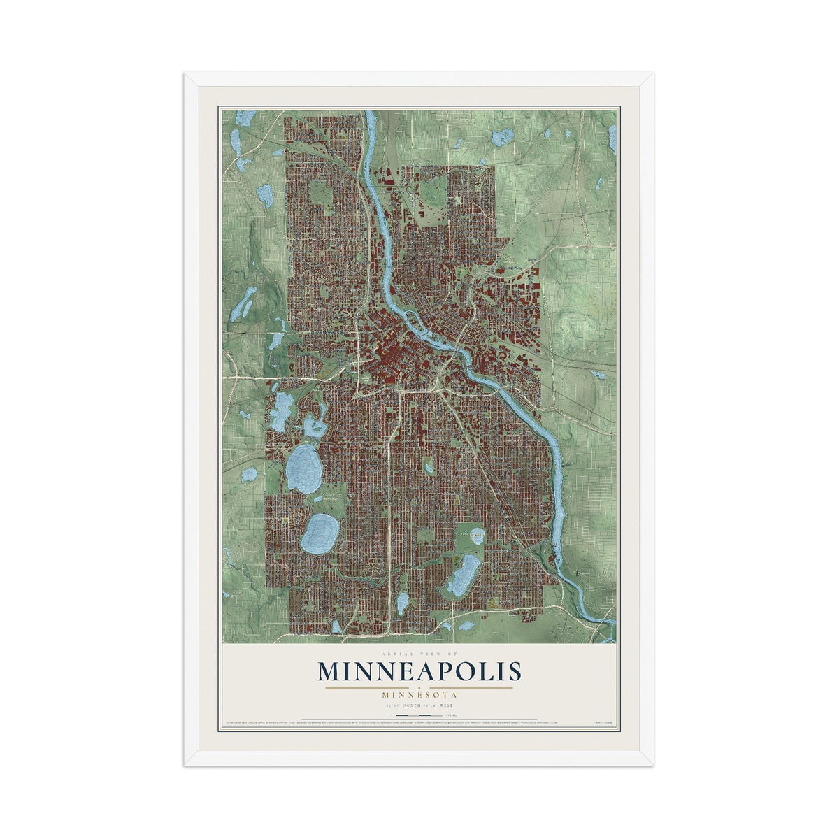 Map of Minneapolis, Minnesota, 12 x 18 inch print in a white wood frame