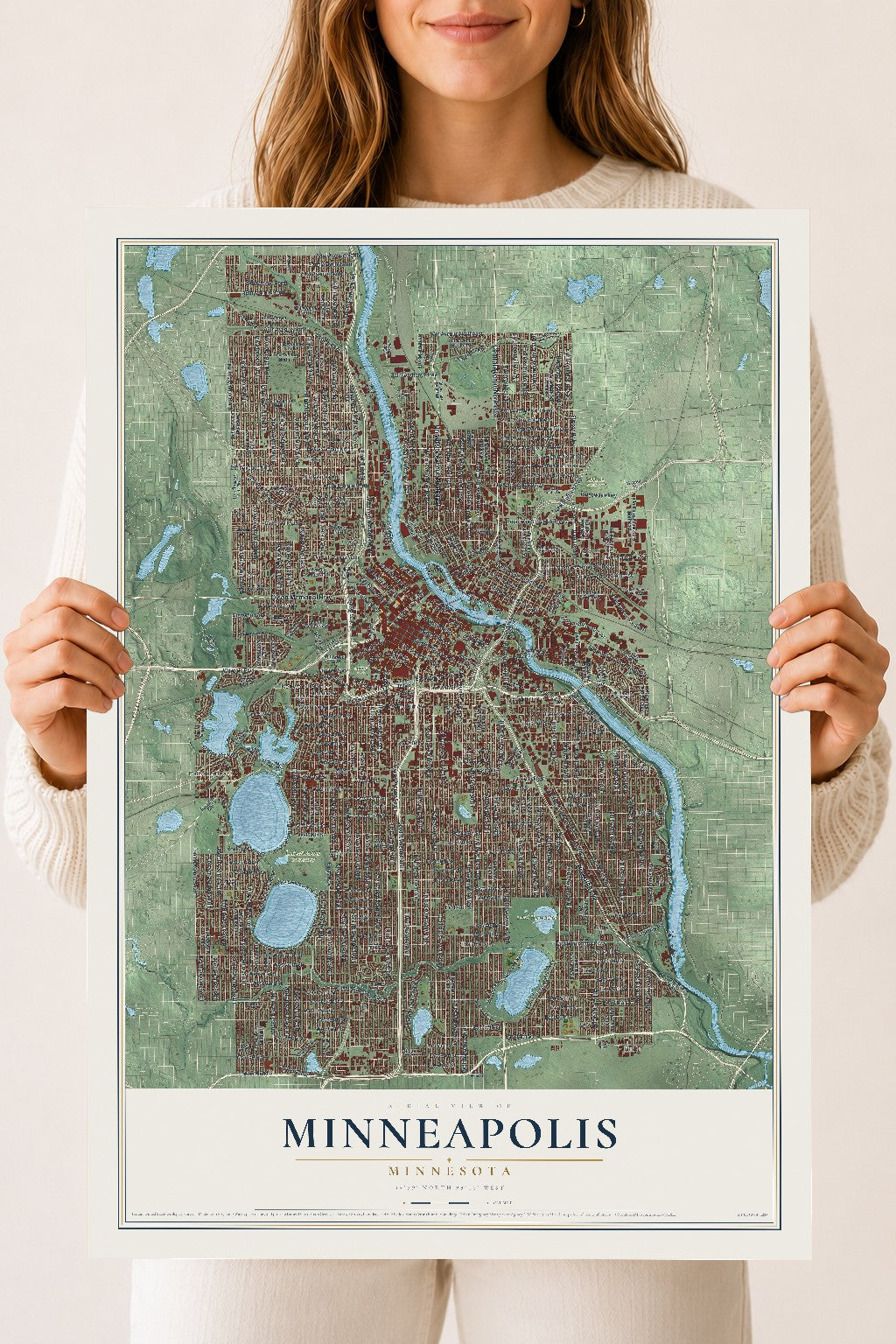 Map of Minneapolis, Minnesota, 18 x 24 inch unframed archival matte print