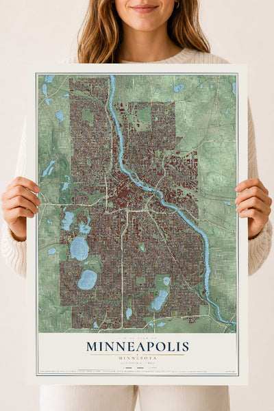 Map of Minneapolis, Minnesota, 18 x 24 inch unframed archival matte print