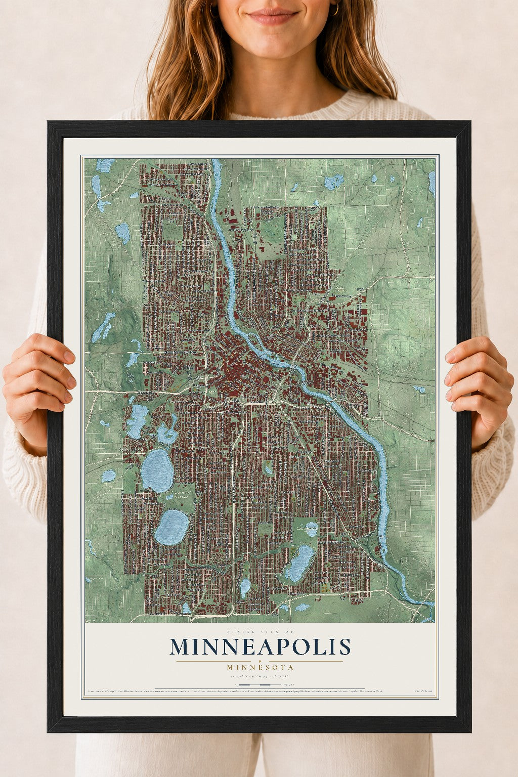 Map of Minneapolis, Minnesota, 18 x 24 inch print in a black wood frame