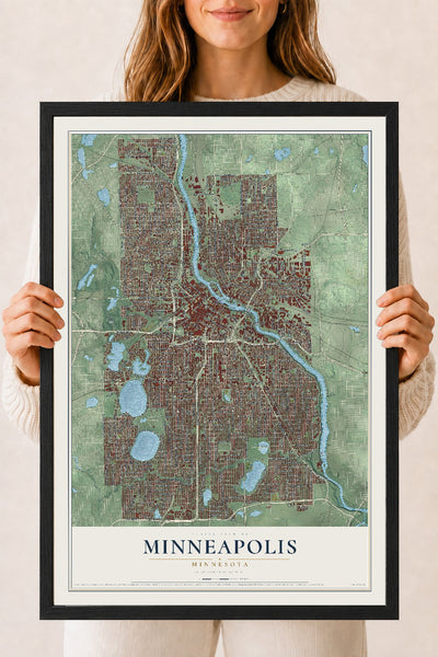 Map of Minneapolis, Minnesota, 18 x 24 inch print in a black wood frame