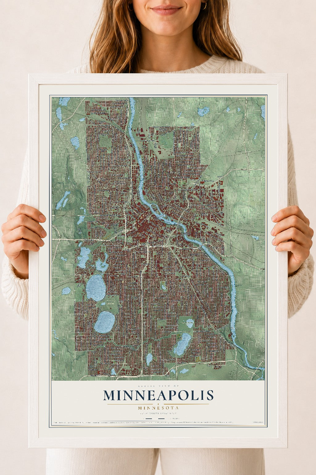 Map of Minneapolis, Minnesota, 18 x 24 inch print in a white wood frame